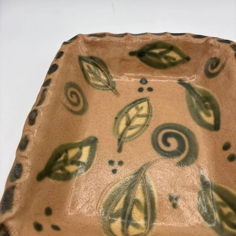 Vintage Signed Studio Pottery Tray Hand Painted Leaf Swirl Motif Terracotta Dish